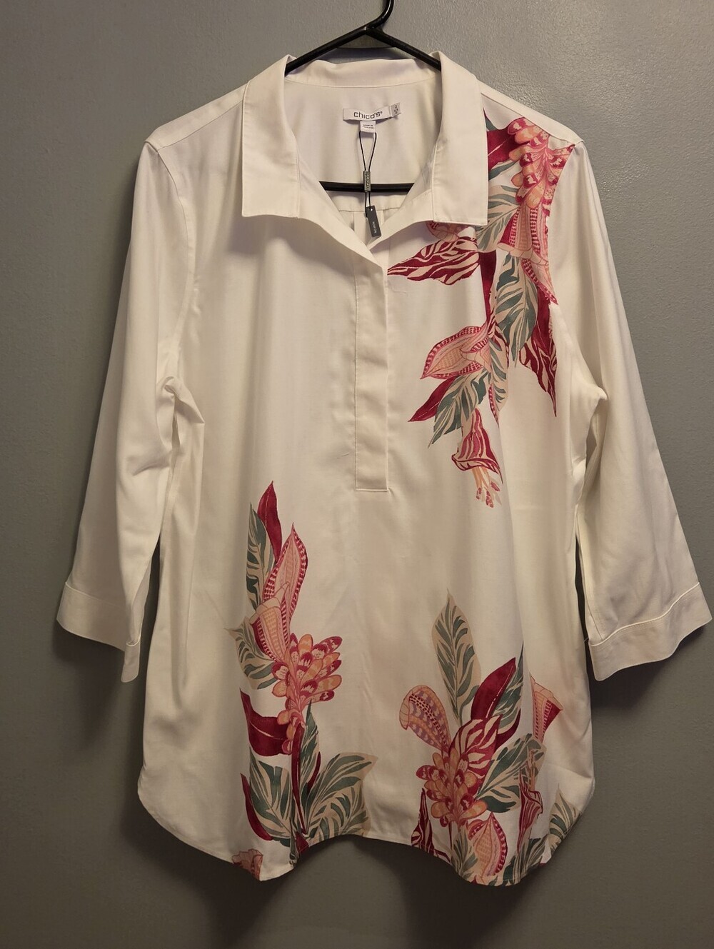 Chicos Floral Blouse Size 2 Large NWT No Iron Cottagecore Chic Tunic Buttonback - Picture 3 of 8